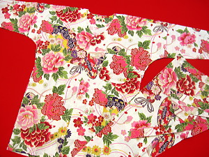 義若オリジナルの鯉口シャツ・ダボシャツ　金彩牡丹と桜　赤白
